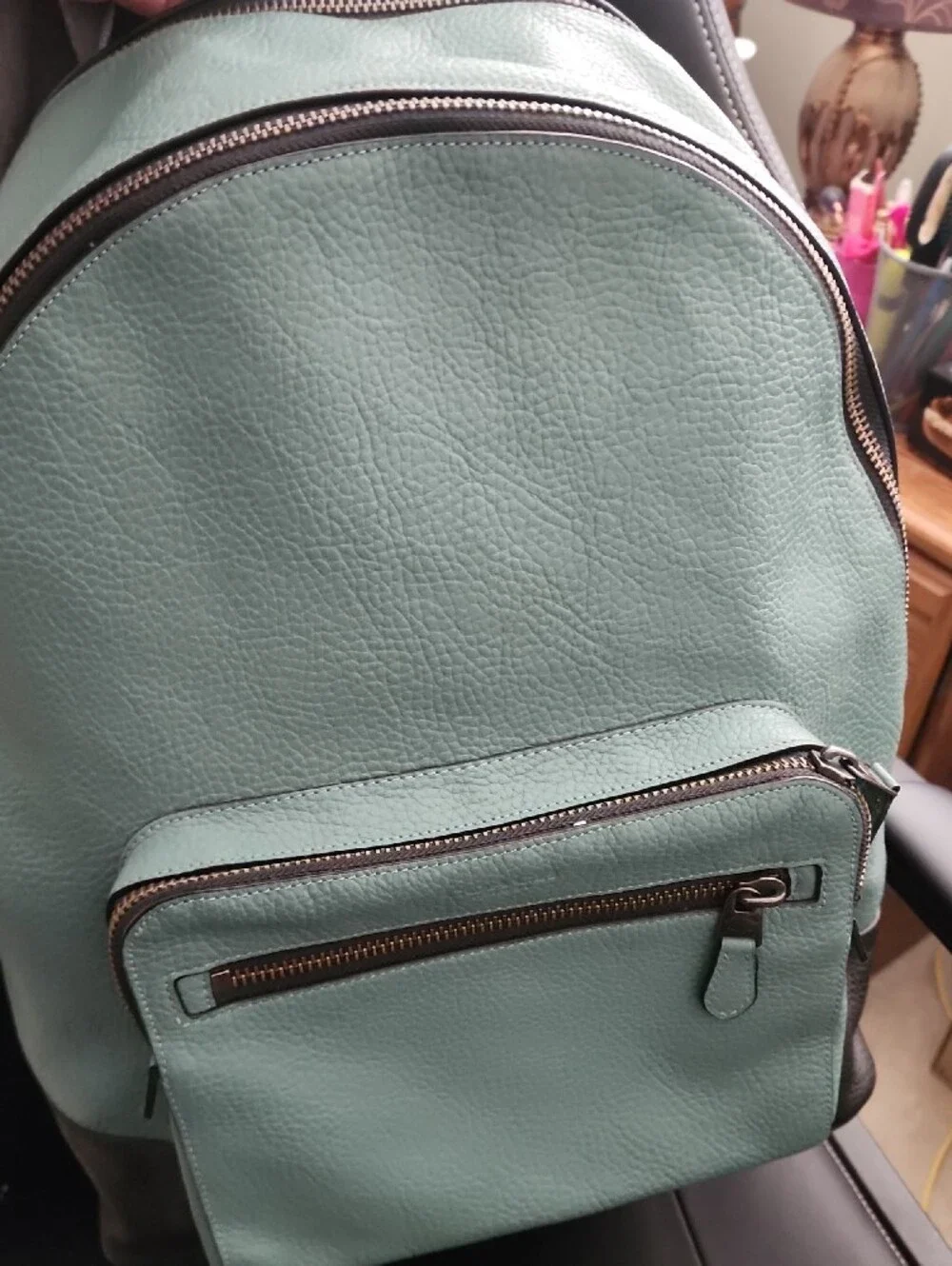 Coach Teal and Black Leather Backpack with Front Zip Pocket